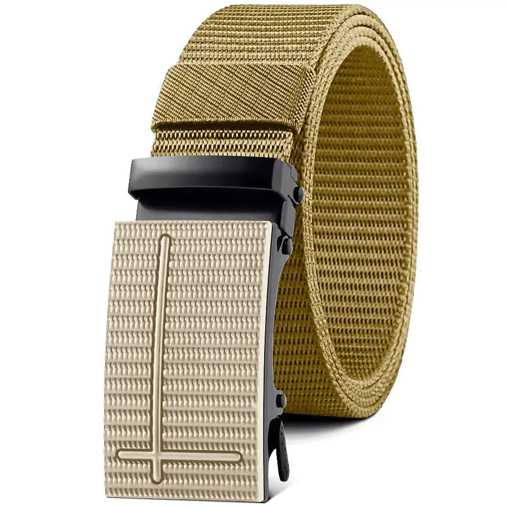 Tan tactical webbing belt with a textured, matte-finish metal buckle featuring an embossed cross design and black plastic hardware.