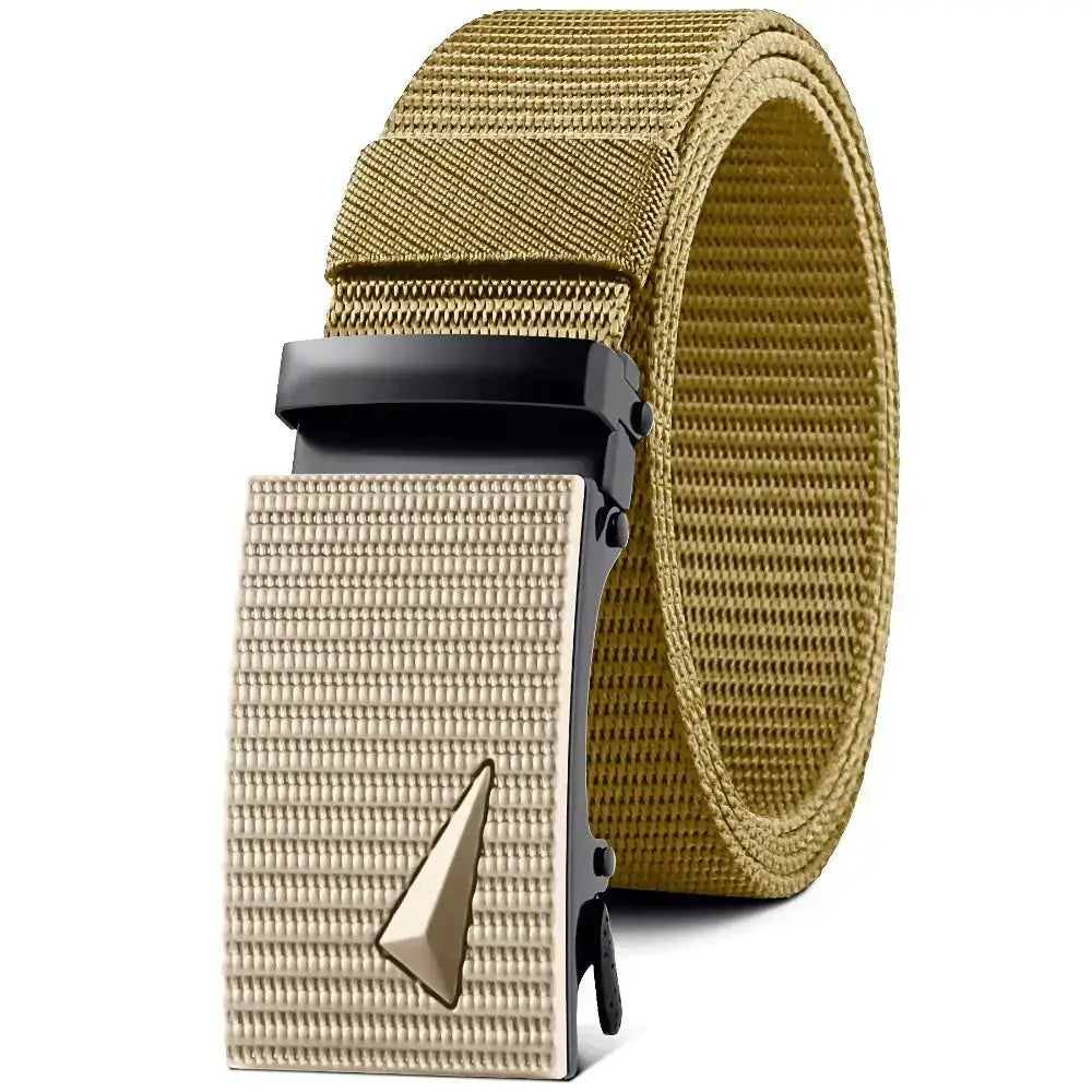 Tan woven canvas belt with a black automatic buckle and a beige textured metal plate featuring a triangular logo.