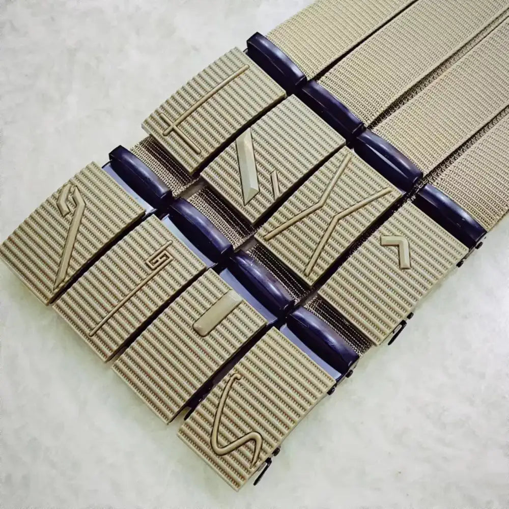 Beige woven belt with a dark blue plastic buckle and embossed geometric designs.