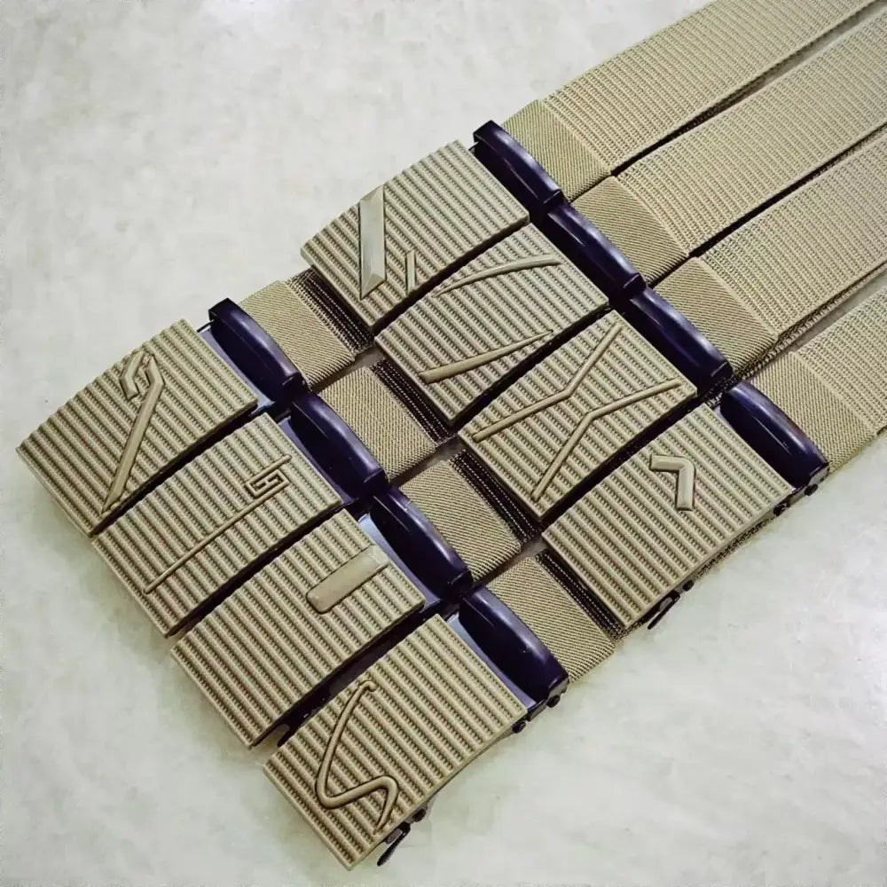 Tan woven belt with a dark blue plastic buckle and embossed geometric patterns.