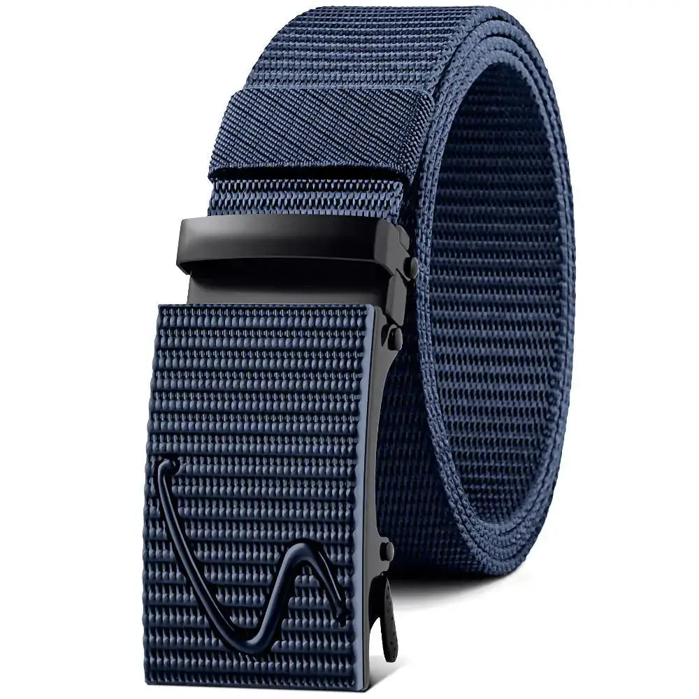 Navy blue woven canvas belt with a black plastic buckle featuring an embossed wave design