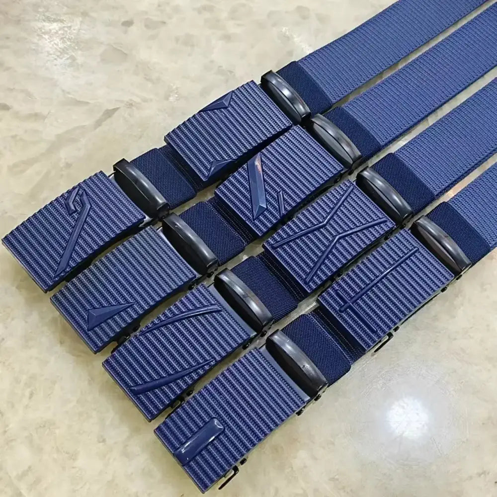 Blue woven nylon belts with textured, dark blue plastic buckles featuring a geometric design.