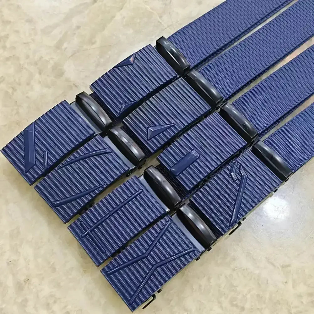 Blue nylon belt with black plastic buckle and textured weave pattern.