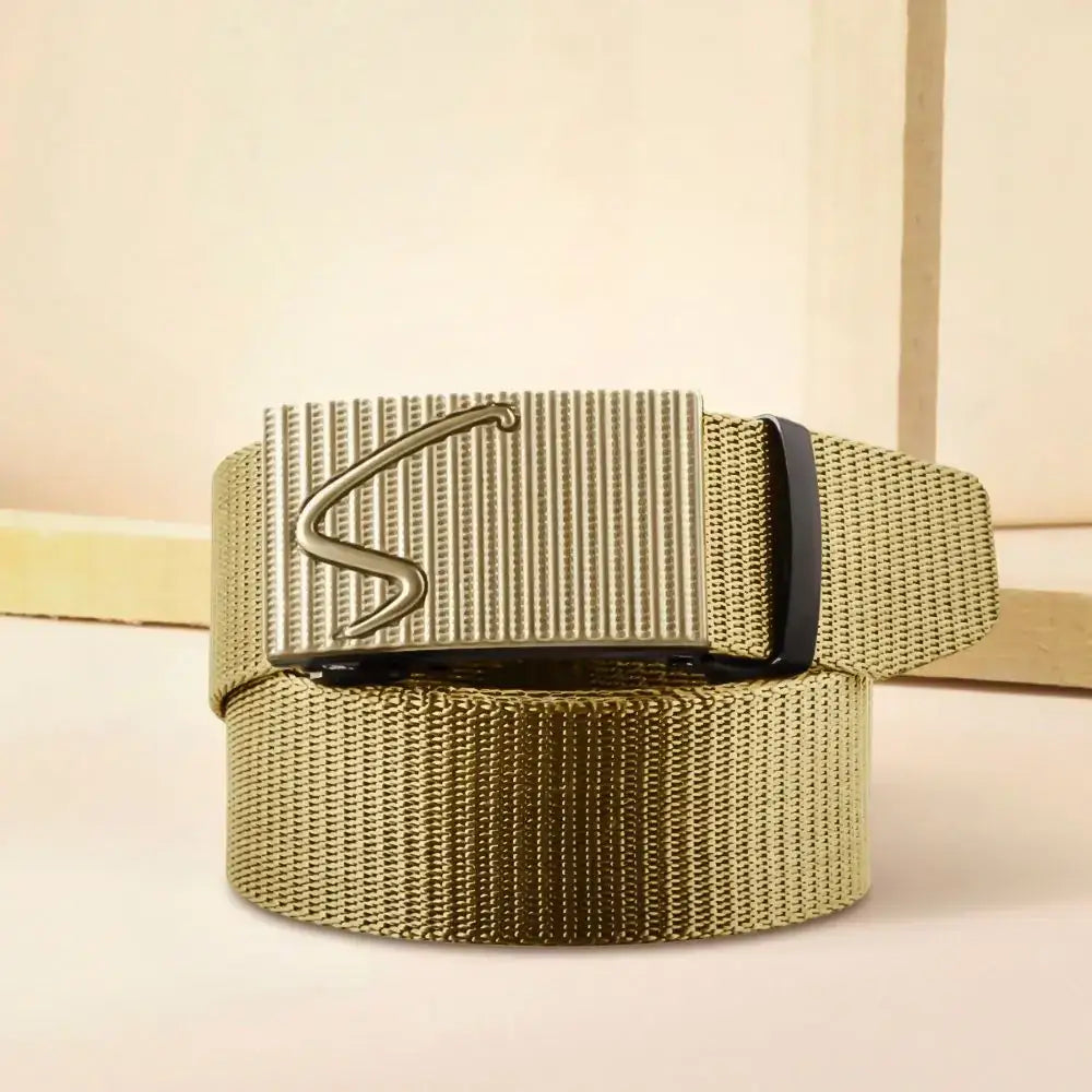 Olive green woven nylon belt with a textured metallic buckle featuring an embossed ’s’ logo.