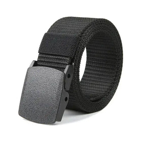 Black tactical belt with a textured, matte-finish plastic buckle.