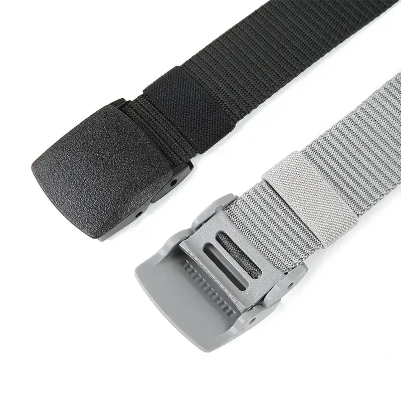 Black and gray tactical webbing belts with textured fabric straps and plastic buckles.