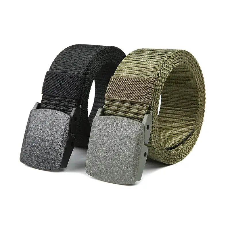 Black and olive green tactical webbing belts with textured gray plastic buckles.