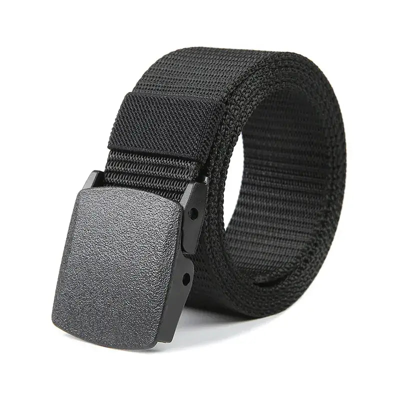 Black tactical webbing belt with a textured matte black plastic buckle.