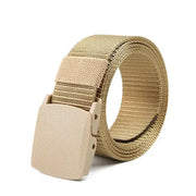 Tan tactical belt with a matte beige plastic buckle.