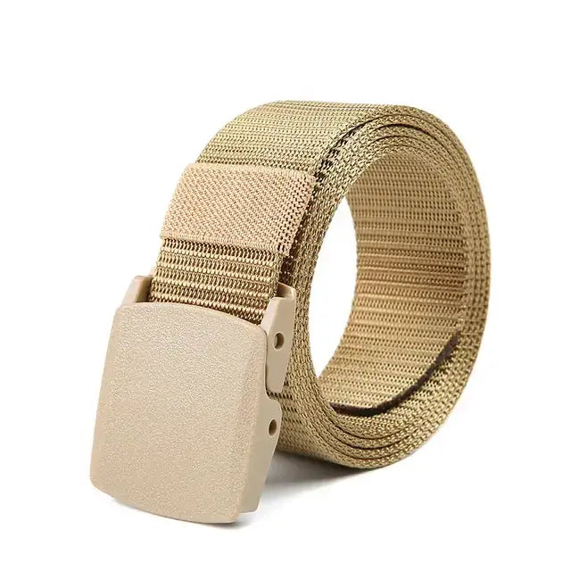 Tan tactical belt with a matte beige plastic buckle.