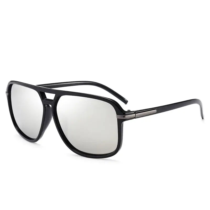 Black aviator sunglasses with reflective silver lenses and a sleek, modern design.