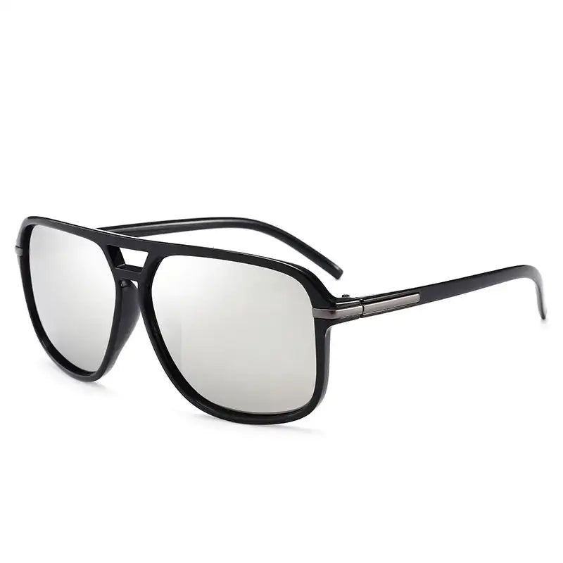 Black aviator sunglasses with reflective silver lenses and a sleek, modern design.