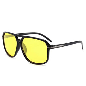 Black aviator-style sunglasses with bright yellow lenses and a sleek, modern design.
