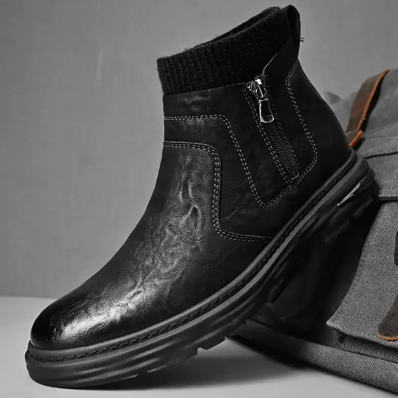 Black leather ankle boot with a ribbed knit collar and side zipper.
