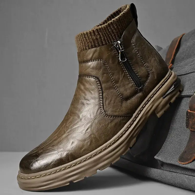 Brown leather ankle boot with a knitted collar and black zipper.