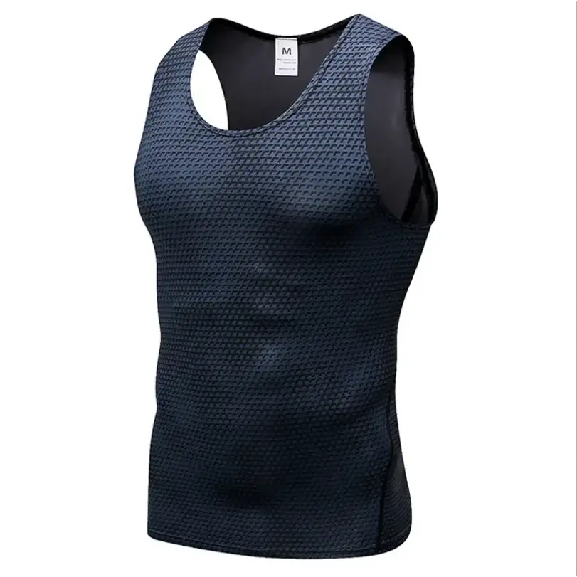 Dark blue athletic tank top with a textured, breathable mesh pattern and black inner lining.