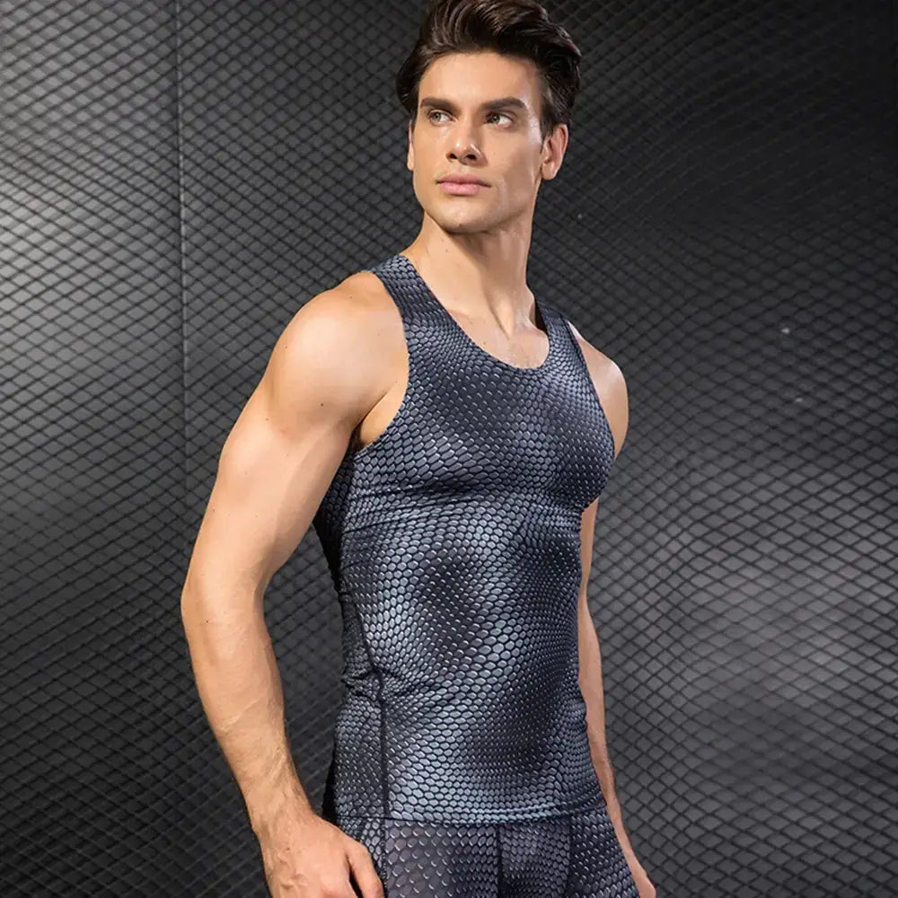 Dark gray, scale-patterned athletic tank top with a snug fit.