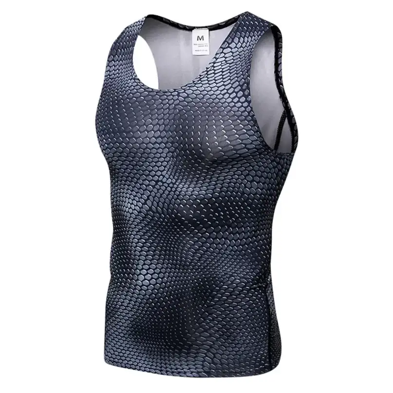 Black and gray snake-scale patterned athletic tank top with mesh side panels.