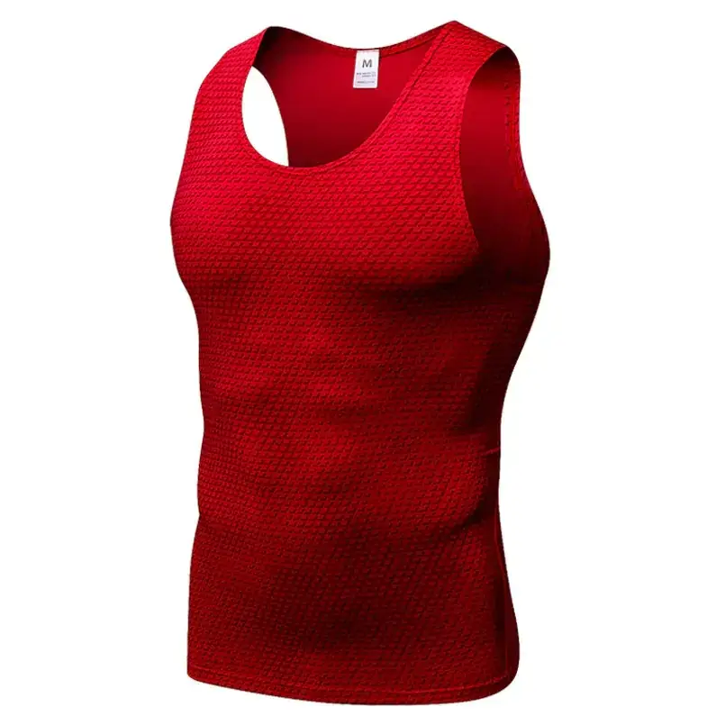 Red athletic tank top with a textured, breathable mesh fabric and racerback design.