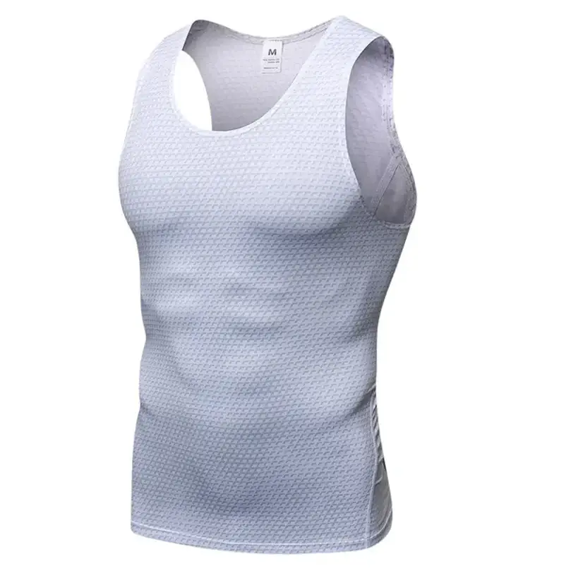 White mesh athletic tank top with a subtle textured pattern and racerback design.