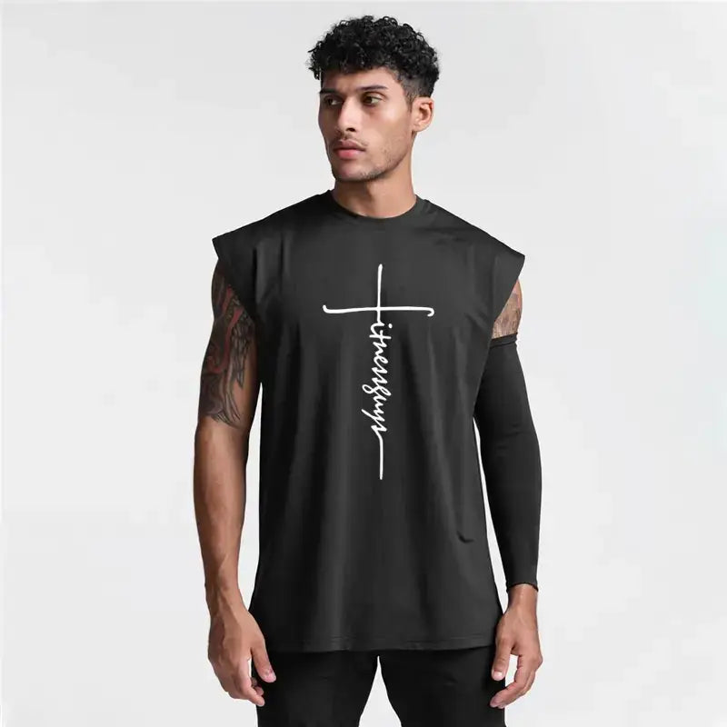 Black sleeveless muscle tee with a white cross and cursive text design.