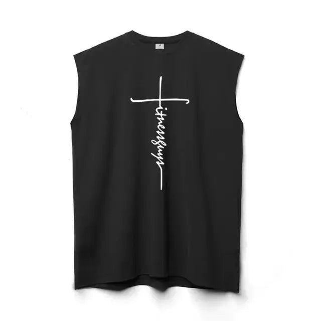 Black sleeveless t-shirt with a white cross and the word ’strength’ written vertically in cursive script down its center.