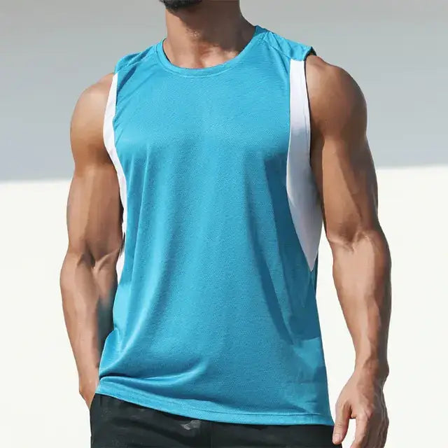 A vibrant turquoise sleeveless athletic top with white side panels and a textured, breathable fabric.