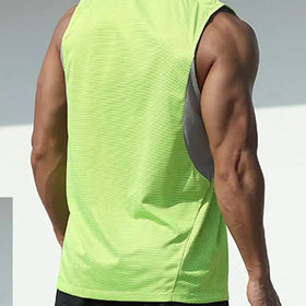 Bright neon green sleeveless athletic shirt with a gray panel on the side.