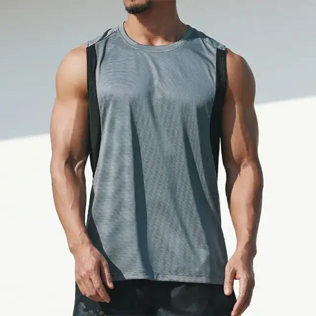 Gray and black sleeveless athletic tank top with a subtle textured pattern.