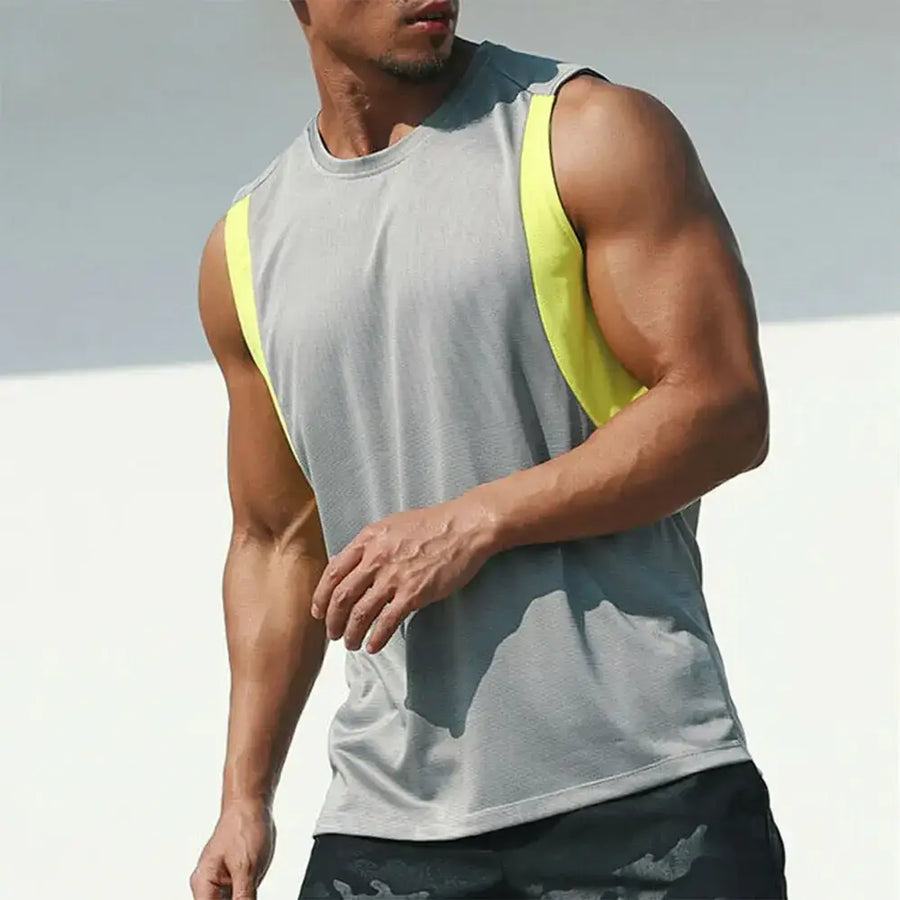 Gray and neon yellow sleeveless athletic tank top with a round neckline.