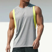 Gray athletic tank top with neon yellow side panels.