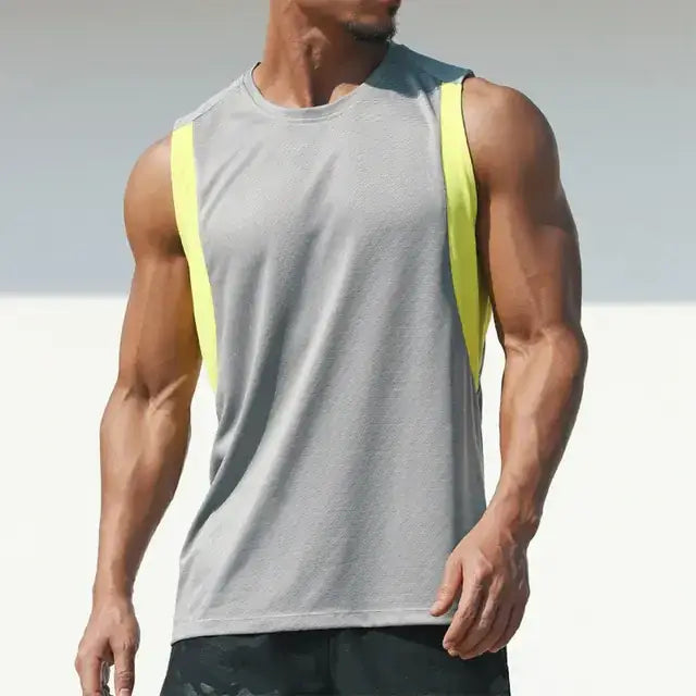 Gray athletic tank top with neon yellow side panels.