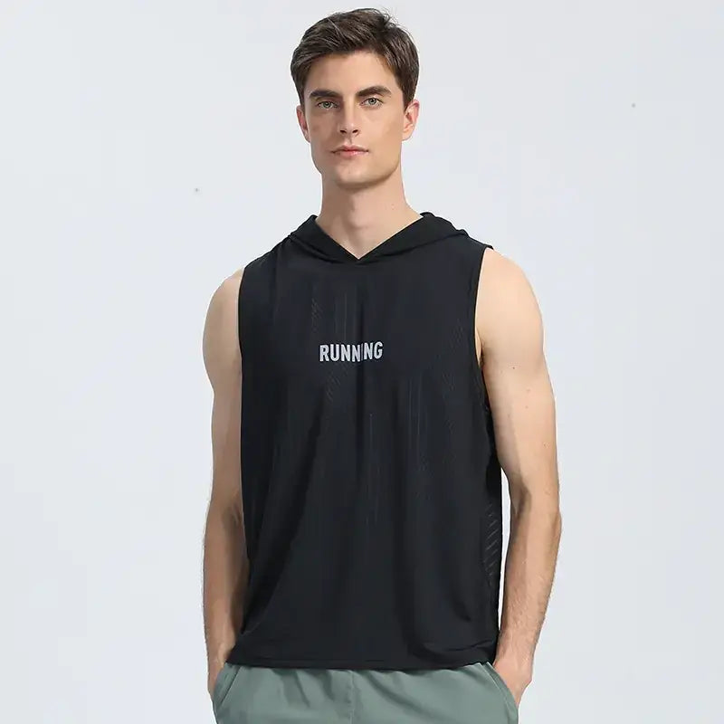 Black sleeveless hoodie top with ’running’ printed in white across the chest.
