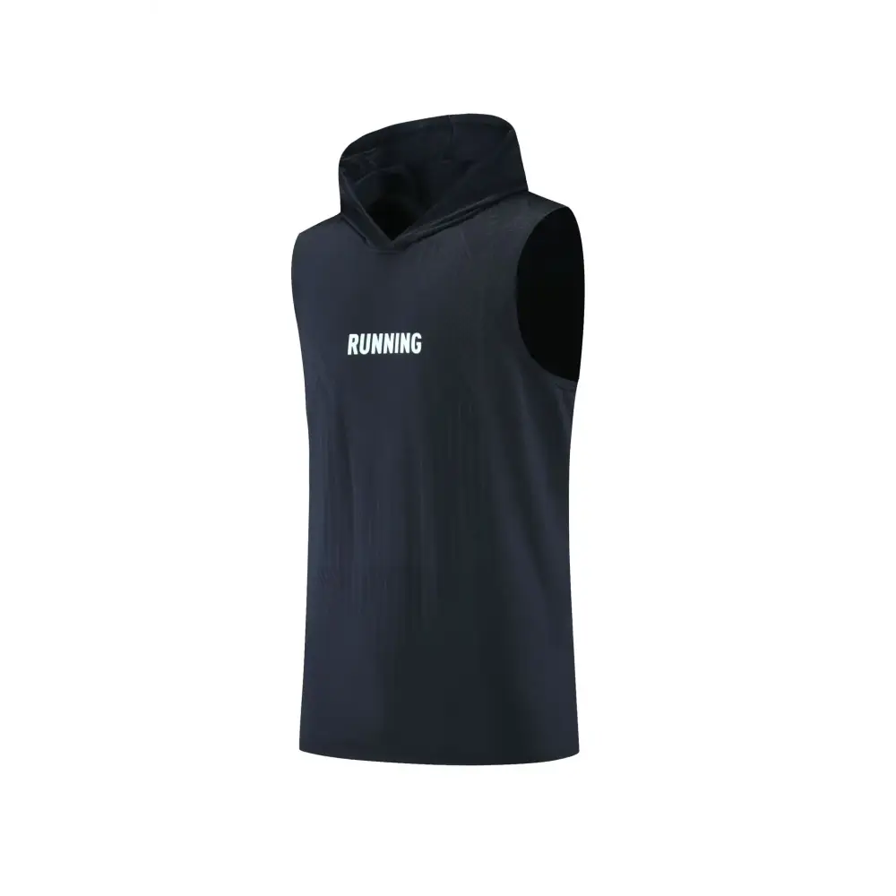 Black sleeveless hoodie with ’running’ printed in white across the chest.