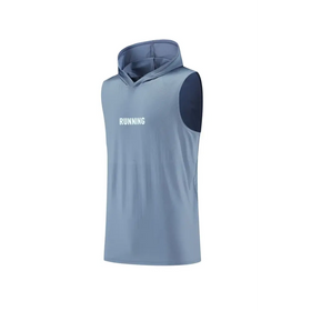 Light blue sleeveless hoodie with dark navy shoulder panels and white ’running’ text across the chest.