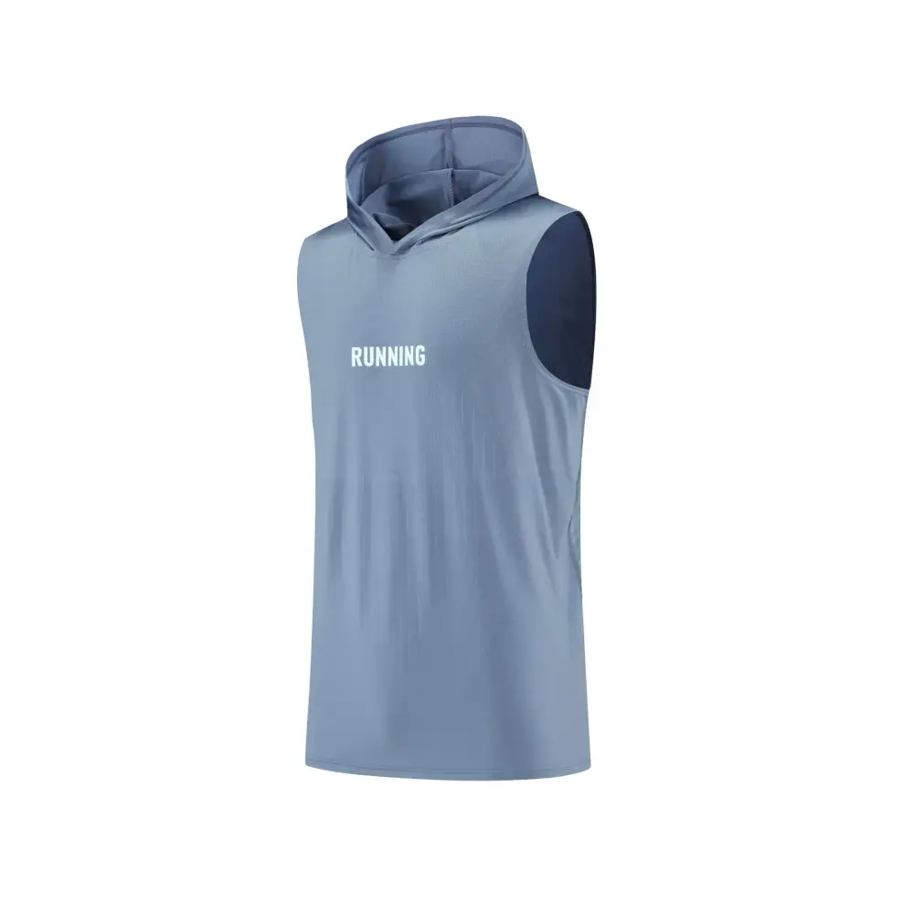 Light blue sleeveless hoodie with dark navy shoulder panels and white ’running’ text across the chest.