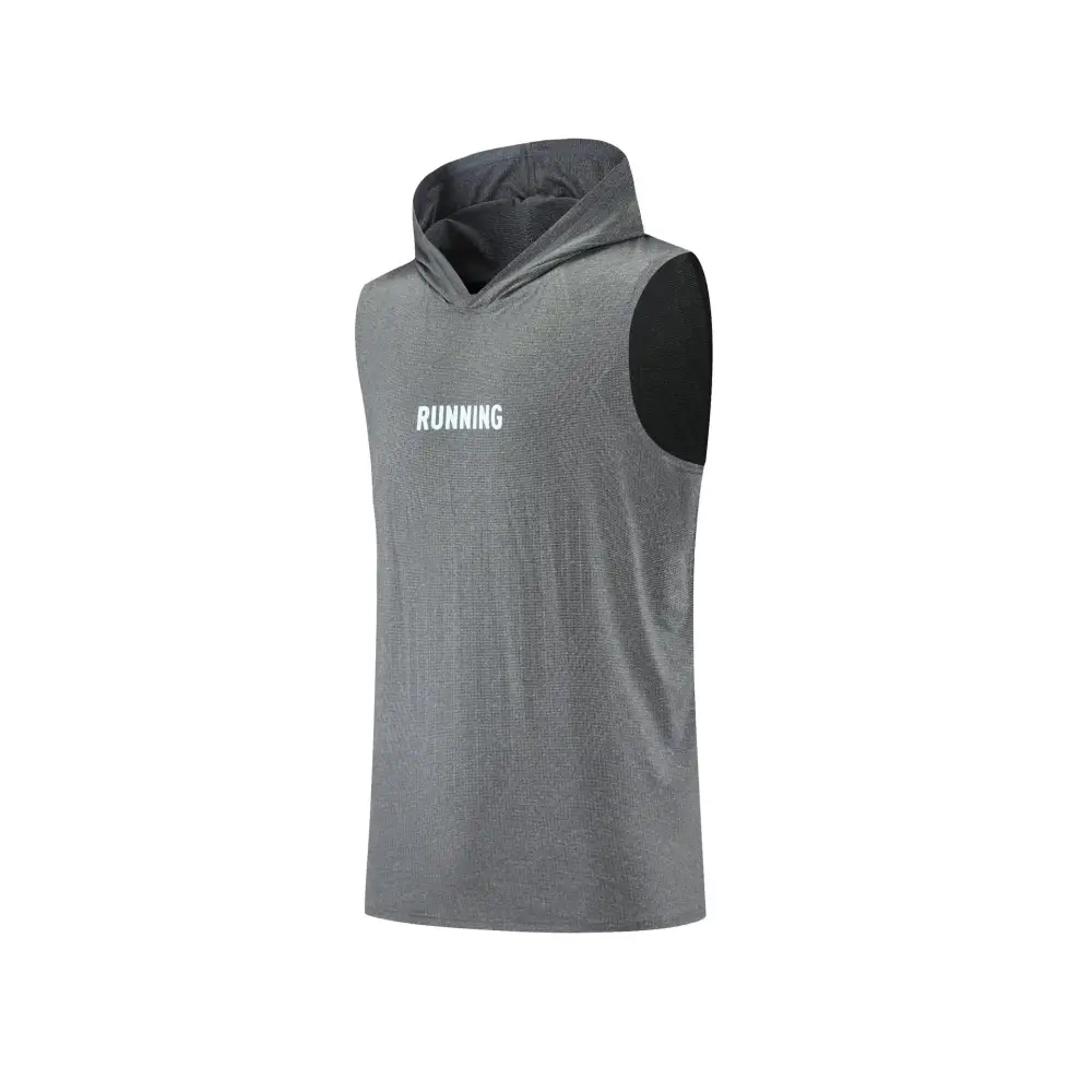 Gray sleeveless hoodie with black mesh panels on the shoulders and a white ’running’ text across the chest.