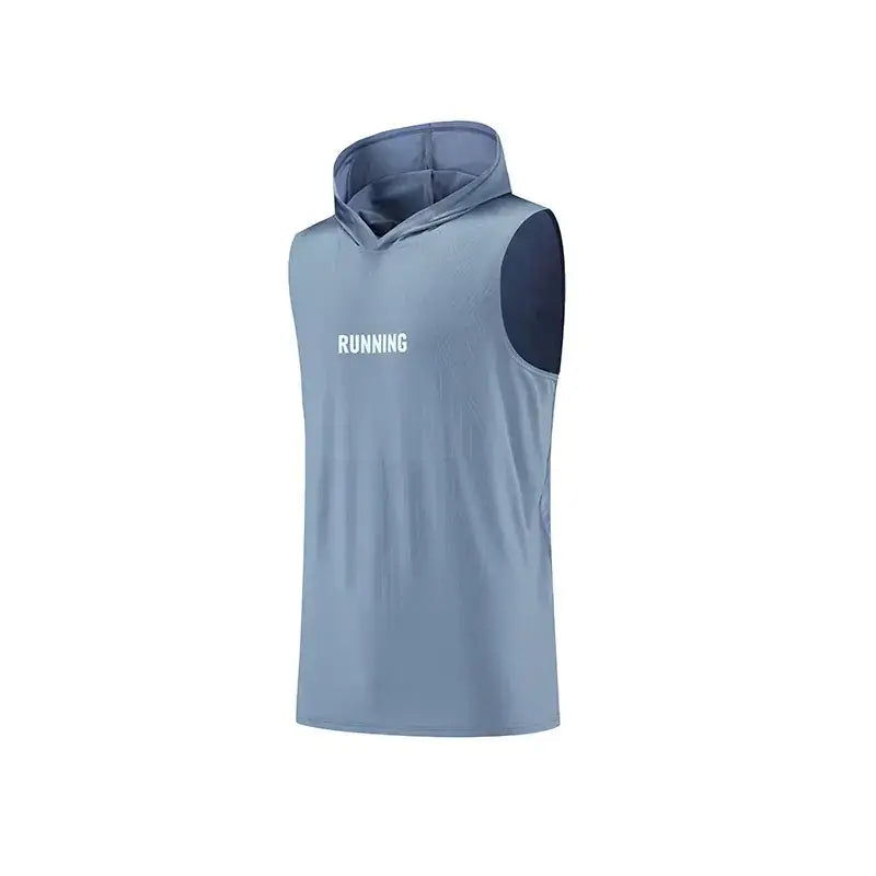 Light blue sleeveless hoodie with a darker navy panel on the shoulders and white ’running’ text across the chest.