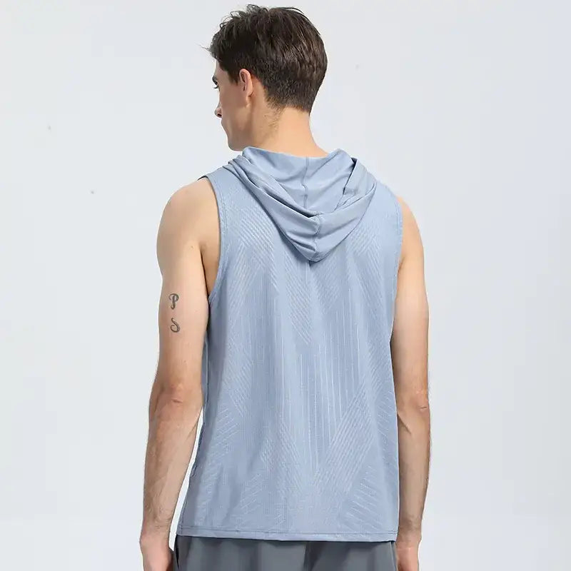 Light blue sleeveless hoodie with a subtle diagonal ribbed texture and an attached hood.