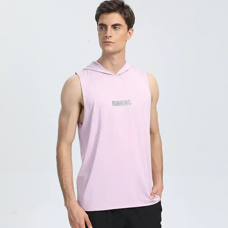 A light pink sleeveless hoodie top with a subtle ’running’ print across the chest.