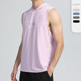 A light purple sleeveless hoodie with a subtle ’running’ print on the chest.