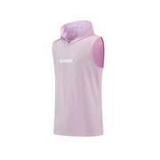 A soft lavender sleeveless hoodie with a matching hood and contrasting pink shoulder panels, featuring the word ’running’ in white lettering across the chest.