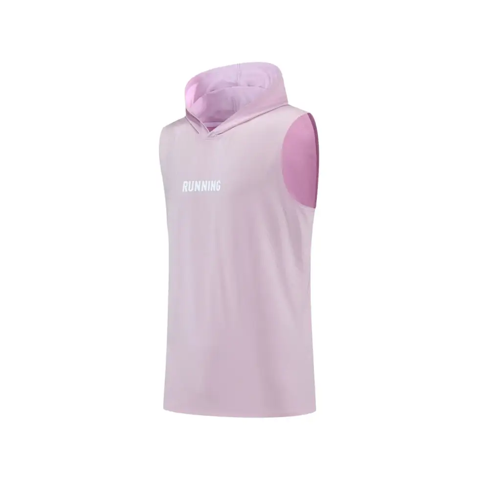 A soft lavender sleeveless hoodie with a matching hood and contrasting pink shoulder panels, featuring the word ’running’ in white lettering across the chest.