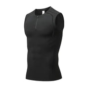 Black sleeveless athletic top with a half-zip neckline and subtle seam detailing.