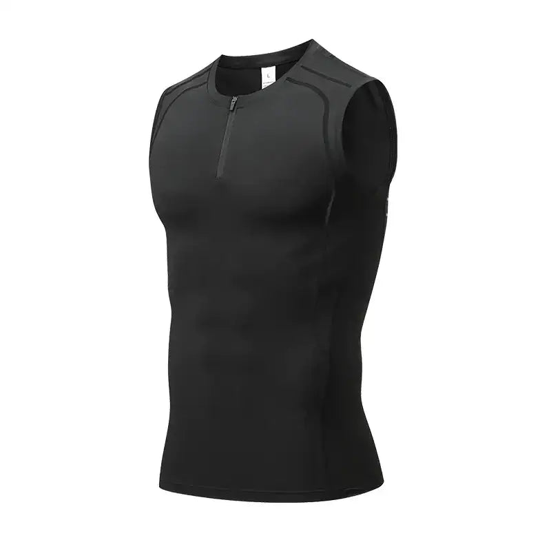 Black sleeveless athletic top with a half-zip neckline and subtle seam detailing.