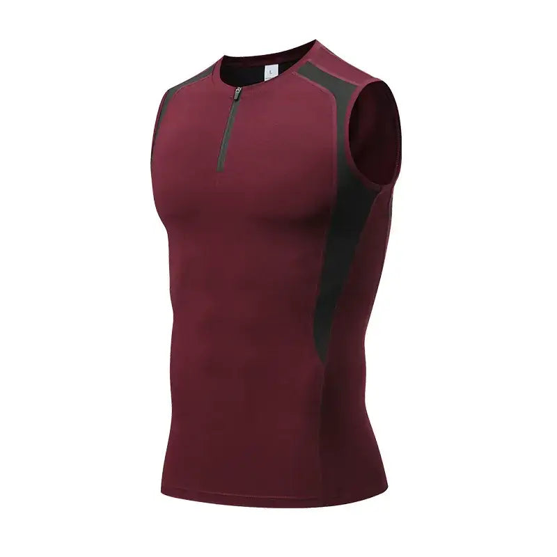 Maroon and black sleeveless athletic top with a half-zip neckline.
