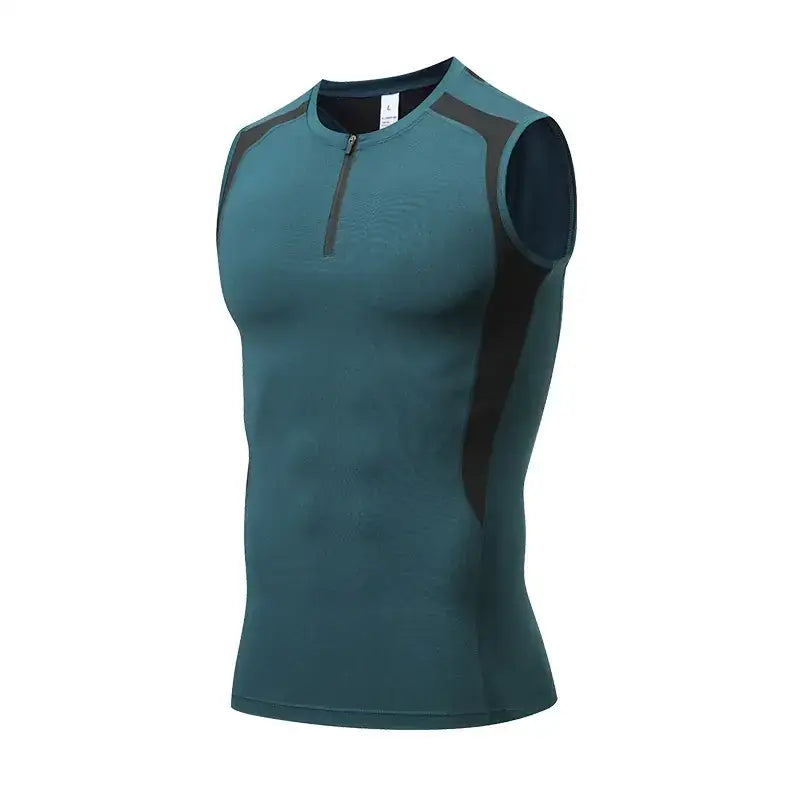Teal and black sleeveless athletic top with a half-zip neckline.