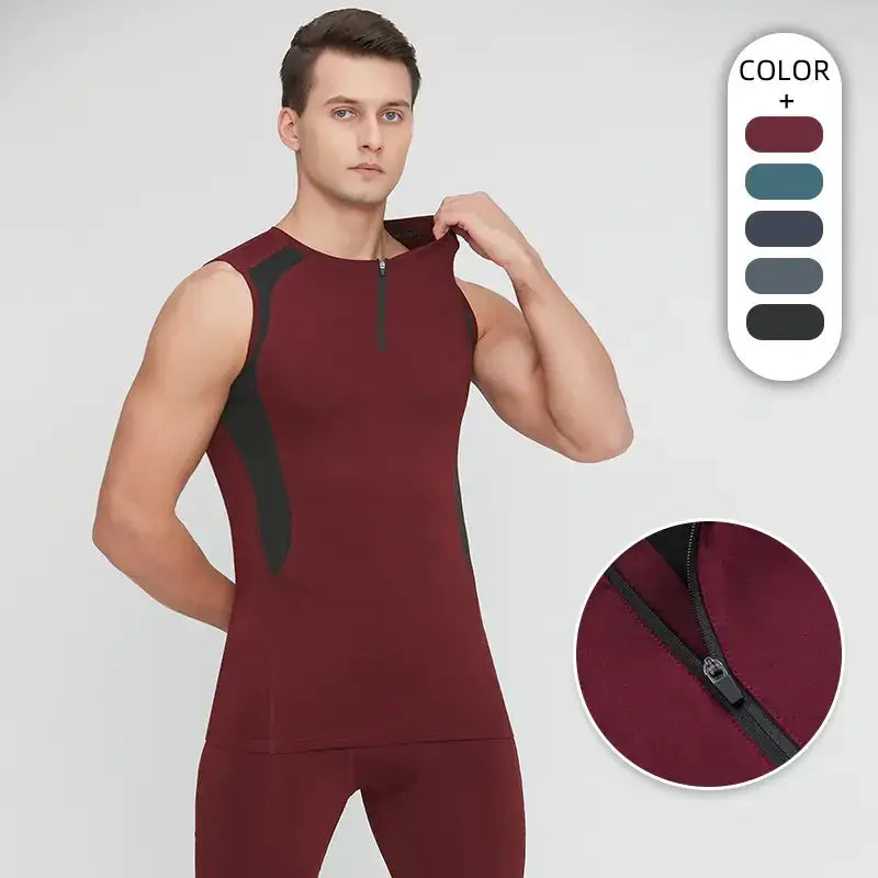 Maroon sleeveless athletic top with black side panels and a front zipper.