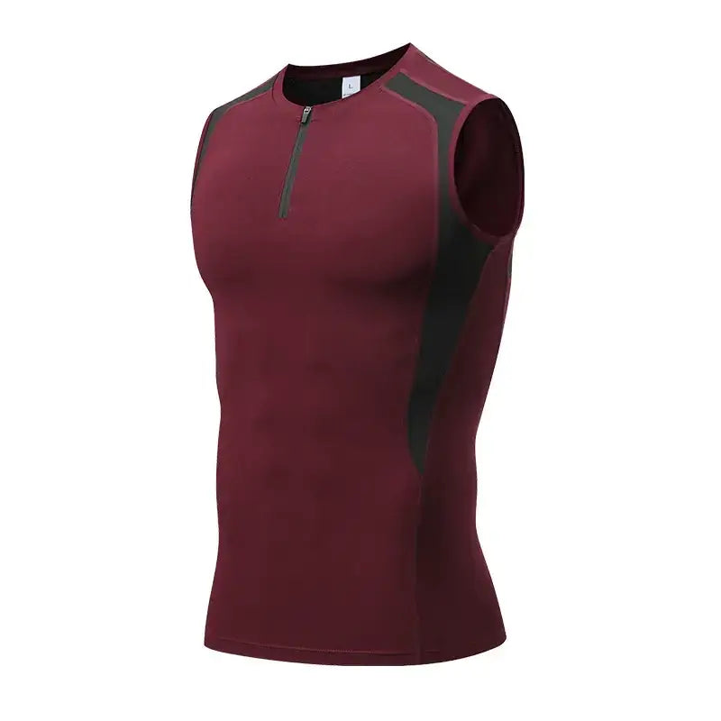 Maroon sleeveless athletic top with black side panels and a half-zip neckline.