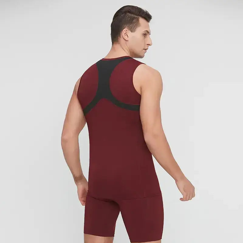 Maroon and black sleeveless compression bodysuit with a supportive, contoured design.